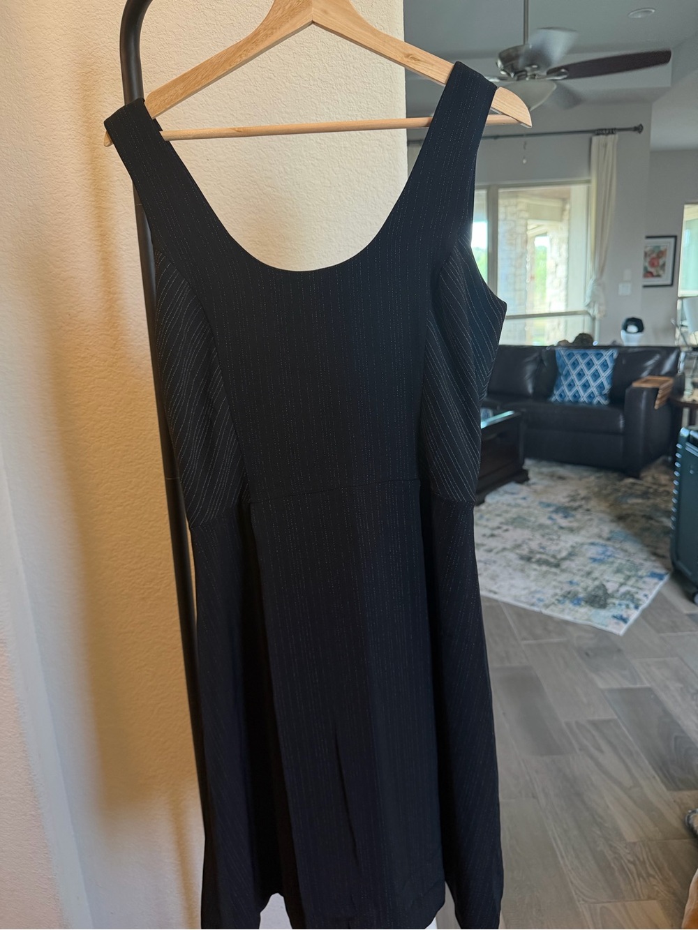 DKNY Black Sleeveless Midi Dress with Subtle Pinstripe Detail